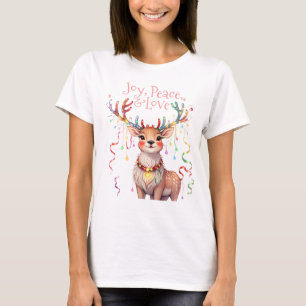 Joy Peace Liebe Rentier und Weihnachtsleuchten T-Shirt