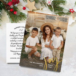 Joy Peace Liebe Vertical Christmas Foto Gold Folien Feiertagspostkarte