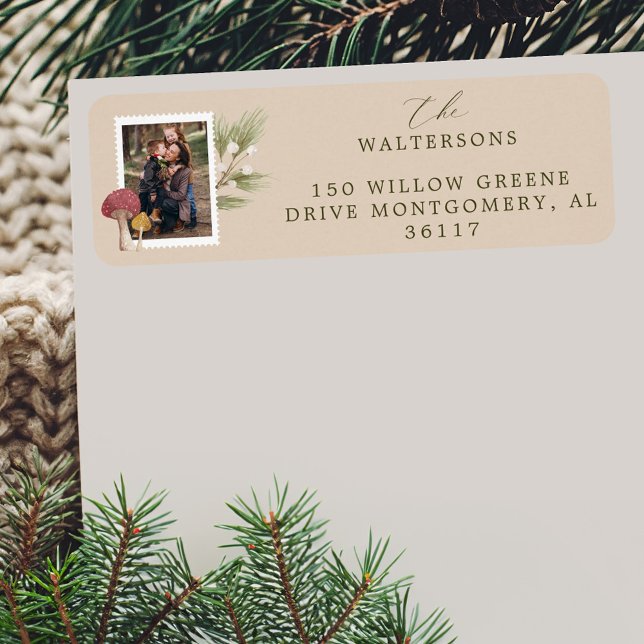 Joy Peace Liebe Watercolor Woodsy Mushrooms Foto (Joy Peace Love Watercolor Woodsy Mushrooms Photo Label)