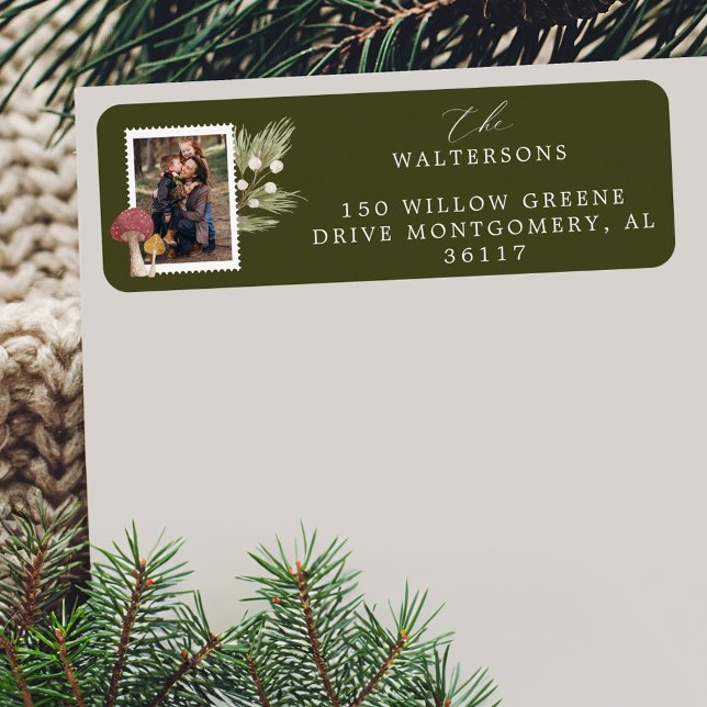 Joy Peace Liebe Watercolor Woodsy Mushrooms Foto (Joy Peace Love Watercolor Woodsy Mushrooms Photo Label)