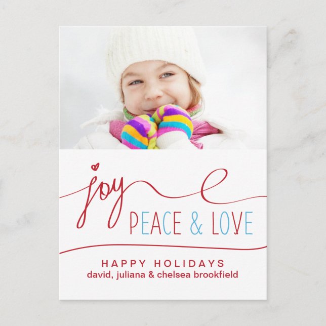 Joy Peace & Liebe Weihnachten Postkarte (Vorderseite)