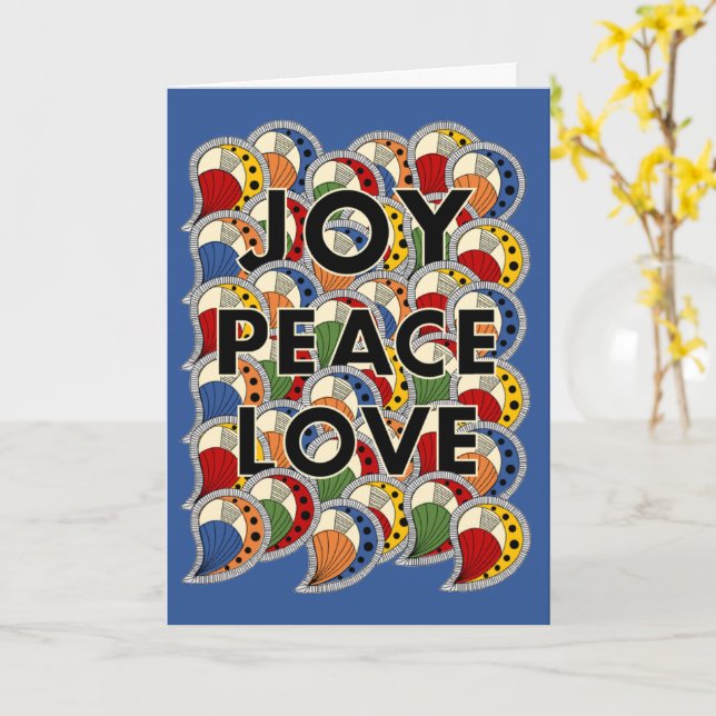 Joy Peace Love - Black Text & Custom Background Karte (Gelbe Blume)