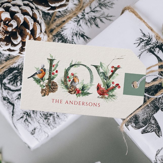 JOY Pine Cone Red Berry Birds Christmas Holiday Geschenkanhänger (Von Creator hochgeladen)