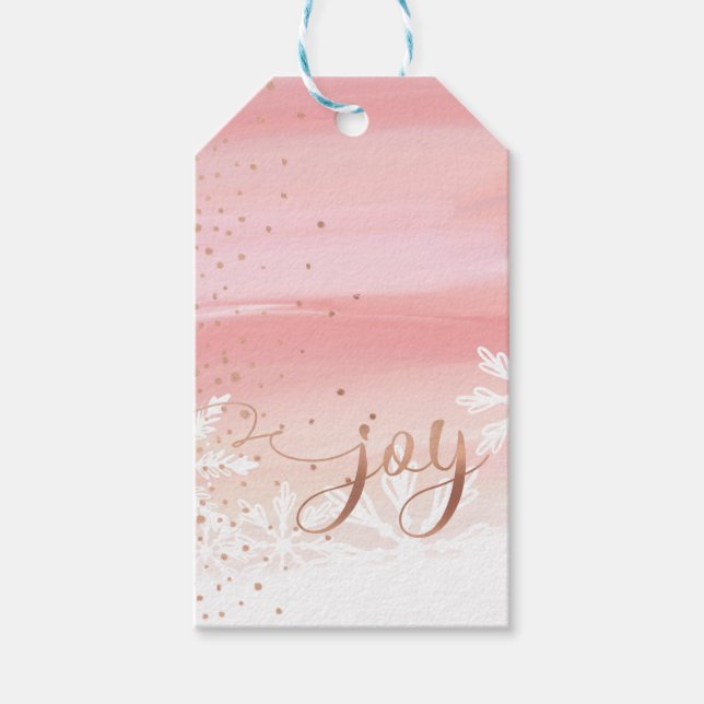 Joy | Pink Blush Wasserfarbe Ombre Schneeflocken Geschenkanhänger (Vorderseite)