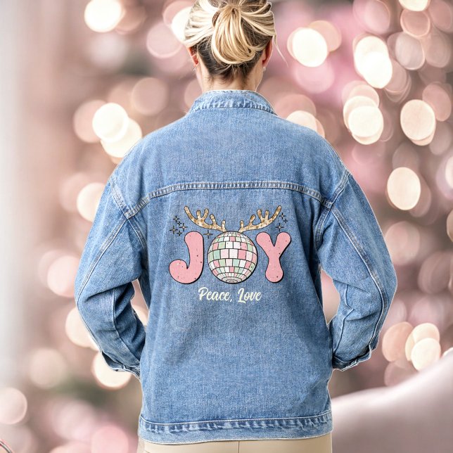 Joy Pink Christmas Disco Ball Text Denim Jacket Jeansjacke (Joy Pink Christmas Disco Ball Text Denim Jacket)