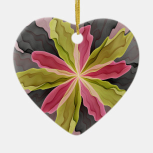 Joy, Pink Green Anthracite Blume Fraktal Herz Keramik Ornament