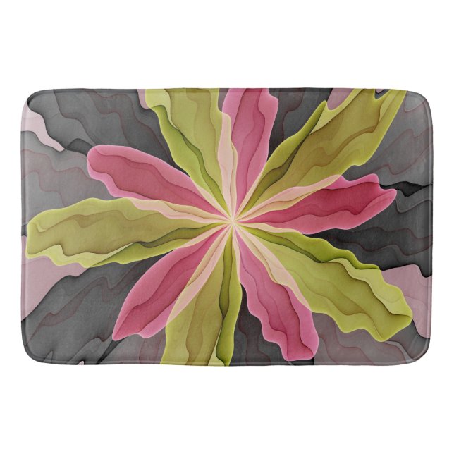 Joy, Pink Green Anthracite Fantasy Blume Fraktal Badematte (Vorderseite)
