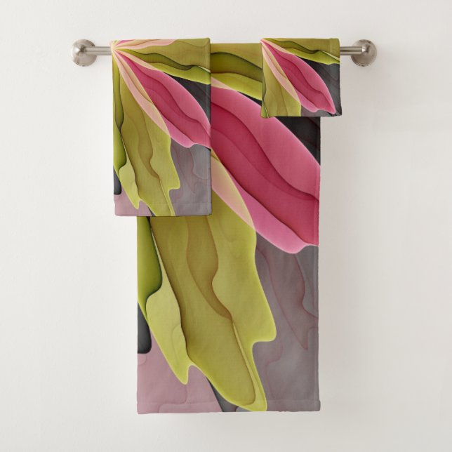 Joy, Pink Green Anthracite Fantasy Blume Fraktal Badhandtuch Set (Insitu)