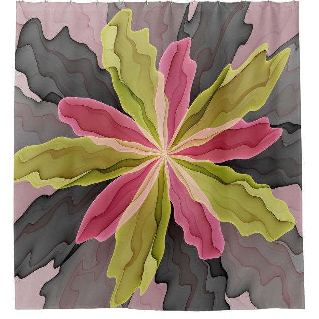 Joy, Pink Green Anthracite Fantasy Blume Fraktal Duschvorhang (Vorderseite)