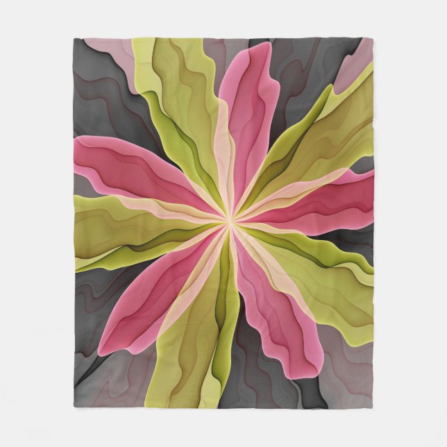 Joy, Pink Green Anthracite Fantasy Blume Fraktal Fleecedecke (Vorderseite)
