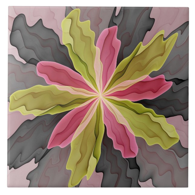 Joy, Pink Green Anthracite Fantasy Blume Fraktal Fliese (Vorderseite)