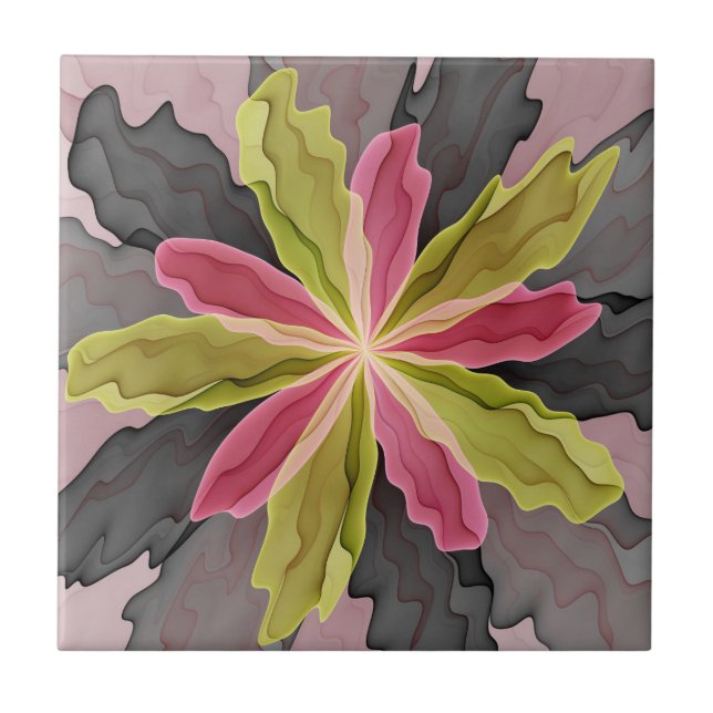 Joy, Pink Green Anthracite Fantasy Blume Fraktal Fliese (Vorderseite)