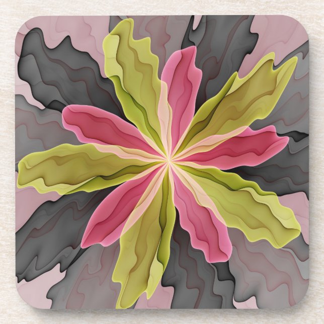 Joy, Pink Green Anthracite Fantasy Blume Fraktal Getränkeuntersetzer (Vorderseite)
