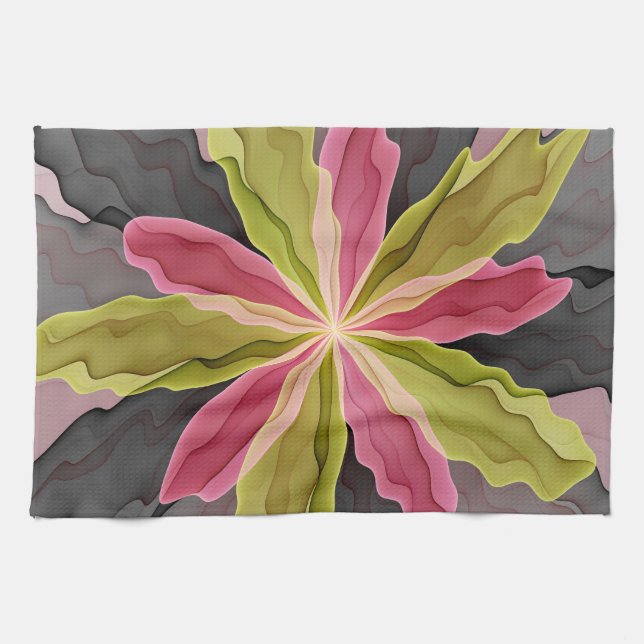 Joy, Pink Green Anthracite Fantasy Blume Fraktal Handtuch (Horizontal)