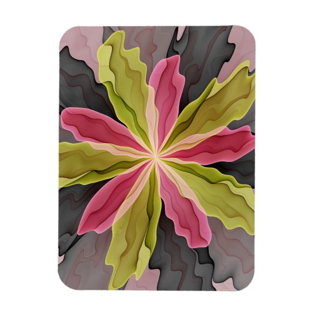Joy, Pink Green Anthracite Fantasy Blume Fraktal Magnet (Vertikal)