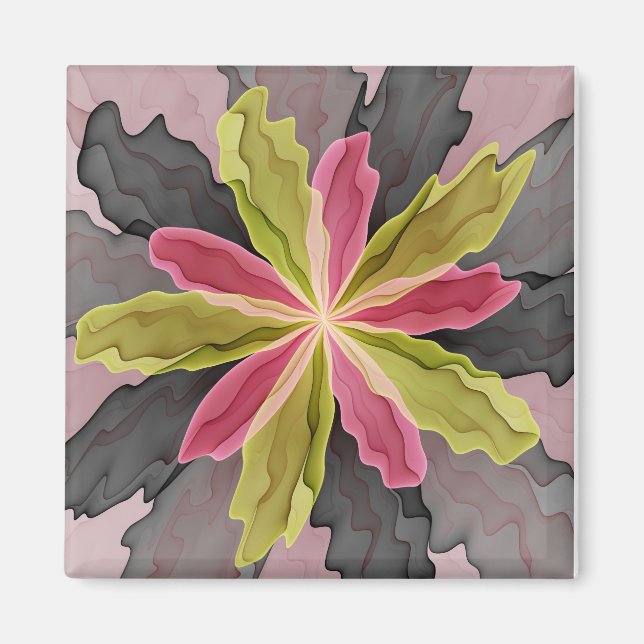 Joy, Pink Green Anthracite Fantasy Blume Fraktal Magnet (Vorne)