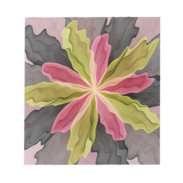 Joy, Pink Green Anthracite Fantasy Blume Fraktal Notizblock (Vorderseite)