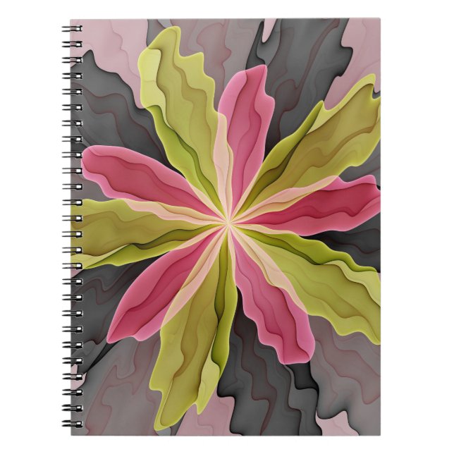 Joy, Pink Green Anthracite Fantasy Blume Fraktal Notizblock (Vorderseite)
