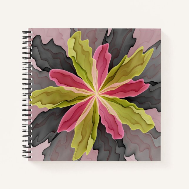 Joy, Pink Green Anthracite Fantasy Blume Fraktal Notizbuch (Vorderseite)