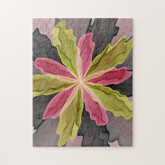 Joy, Pink Green Anthracite Fantasy Blume Fraktal Puzzle (Vertikal)