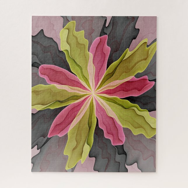 Joy, Pink Green Anthracite Fantasy Blume Fraktal Puzzle (Vertikal)