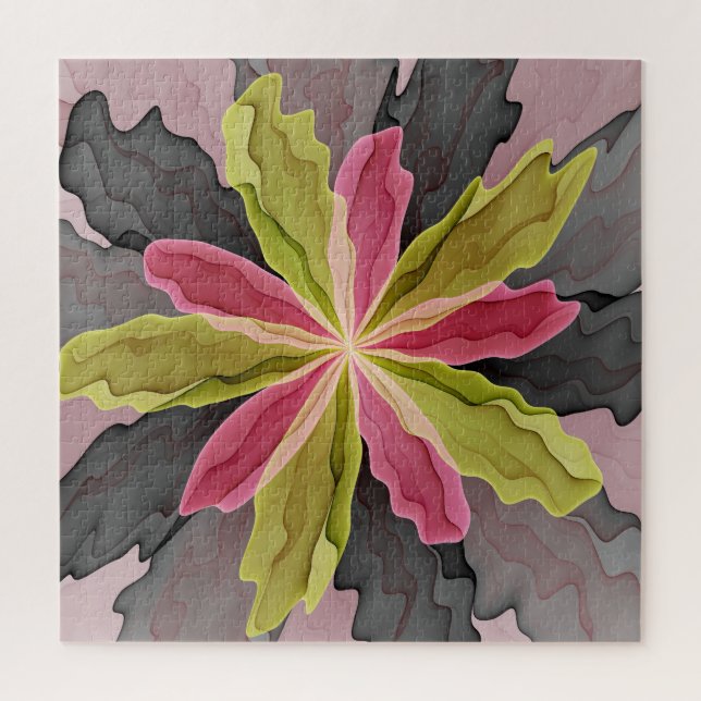 Joy, Pink Green Anthracite Fantasy Blume Fraktal Puzzle (Vertikal)