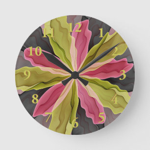 Joy, Pink Green Anthracite Fantasy Blume Fraktal Runde Wanduhr