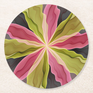 Joy, Pink Green Anthracite Fantasy Blume Fraktal Runder Pappuntersetzer