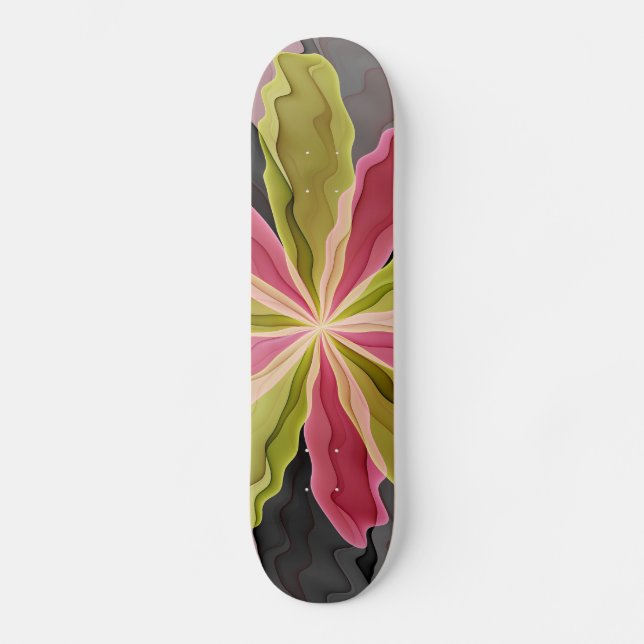 Joy, Pink Green Anthracite Fantasy Blume Fraktal Skateboard (Vorderseite)