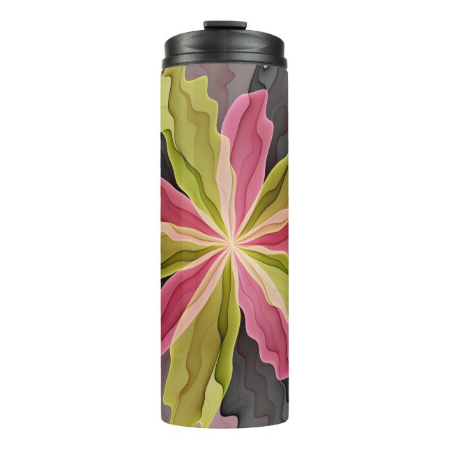 Joy, Pink Green Anthracite Fantasy Blume Fraktal Thermosbecher (Vorderseite)