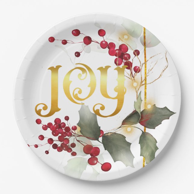 JOY poinesettias Holly Berries Paper Tellers Pappteller (Vorderseite)