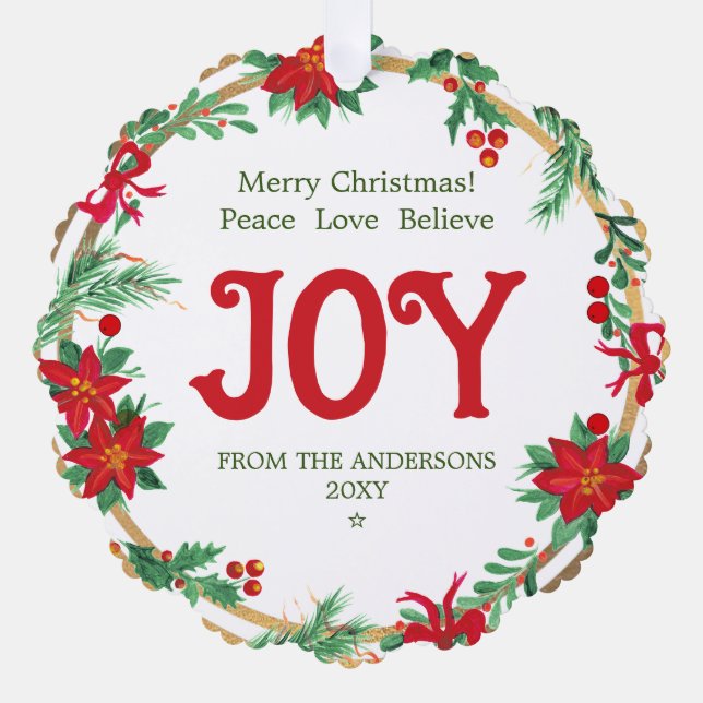Joy Poinsettia Wreath Botanical Elegant Christmas Ornament Karte (Vorderseite)