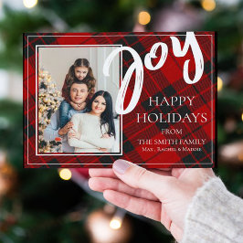 Joy Red Black Kariert Tartan Foto Happy Holiday Feiertagspostkarte