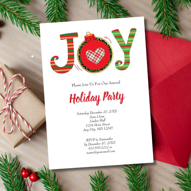 Joy Red Green Weihnachtsfeier Einladung (Joy Christmas Holiday Hanukkah Party Invitation. Printed or Instant digital Download)
