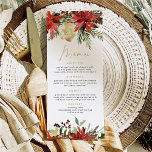 JOY Red Poinsettia and Pine Christmas Dinner Menu Menükarte<br><div class="desc">This Christmas dinner menu card features watercolor poinsettia florals and faux gold foil flecks. Easily edit *most* wording to meet your event needs.</div>