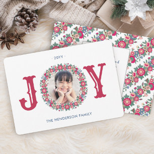 Joy Retro Holiday Floral Wreath Ein Foto farbenfro Feiertagskarte