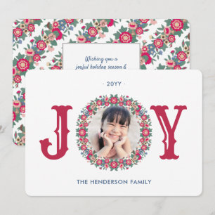 Joy Retro Holiday Floral Wreath Ein Foto farbenfro Feiertagskarte