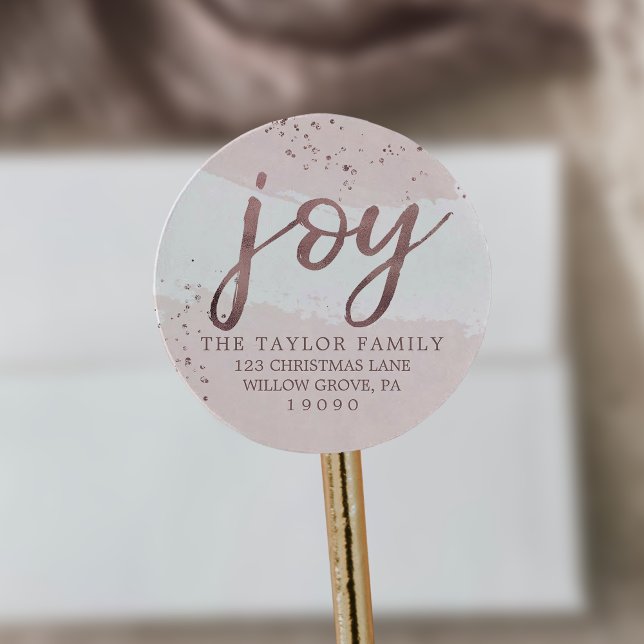Joy | Rose Gold Weihnachten Rücksendeadresse Runder Aufkleber (Von Creator hochgeladen)