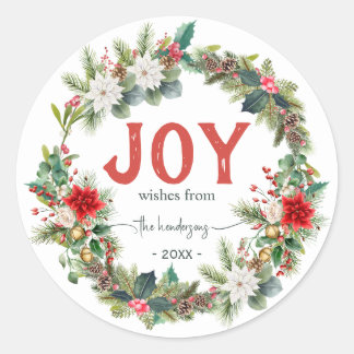 Joy Rustic Typography Name Christmas Wreath  Red  Runder Aufkleber