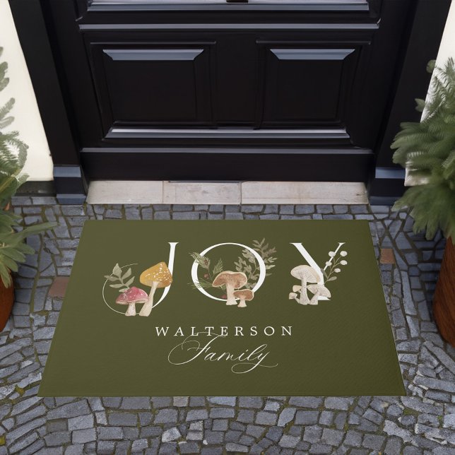 Joy Rustic Woodsy Watercolor Pilz Weihnachten Fußmatte (Joy Rustic Woodsy Watercolor Mushroom Christmas Doormat)
