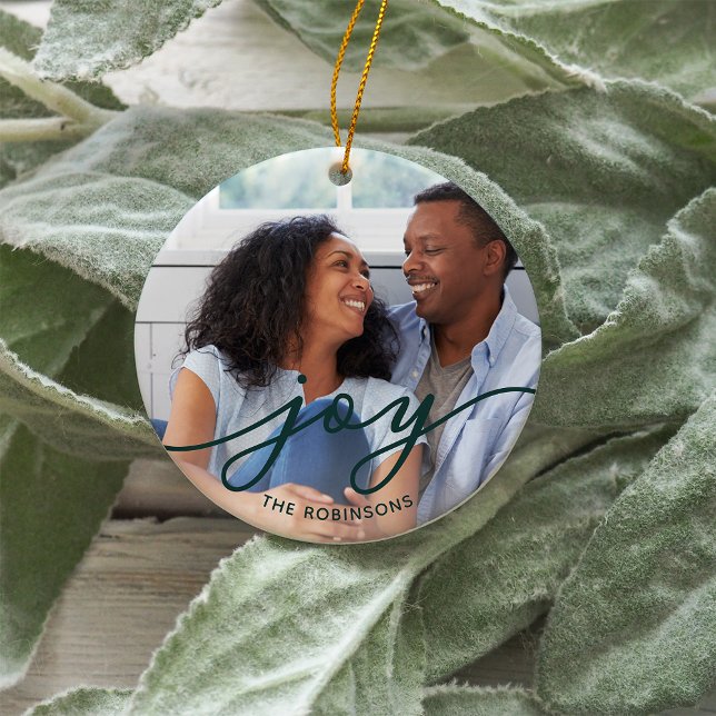 Joy Script | Familienname Doppelseitiges Foto Keramik Ornament (Von Creator hochgeladen)