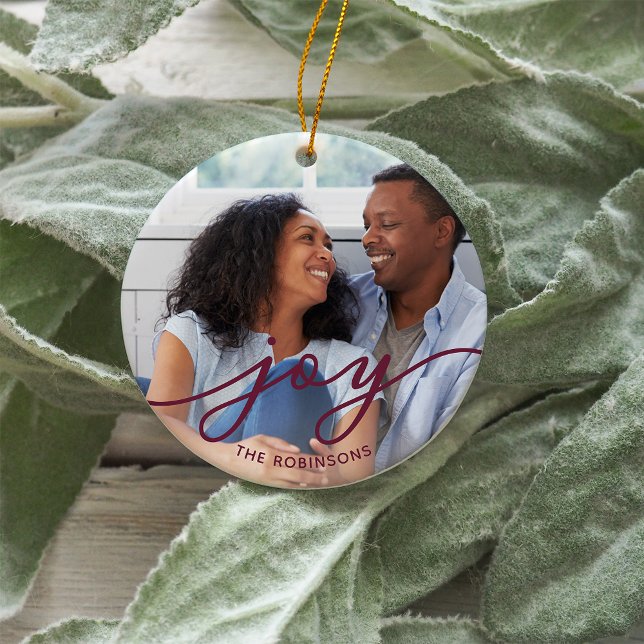 Joy Script | Familienname Doppelseitiges Foto Keramik Ornament (Von Creator hochgeladen)