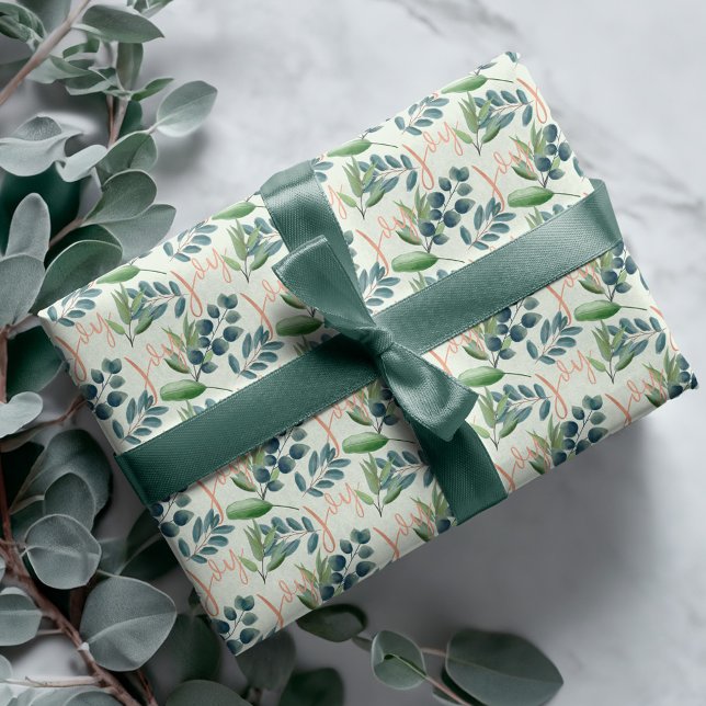 Joy Script Green Sage Floral Foliage Weihnachten Geschenkpapier (Joy Script Green Sage Floral Foliage Christmas Wrapping Paper)