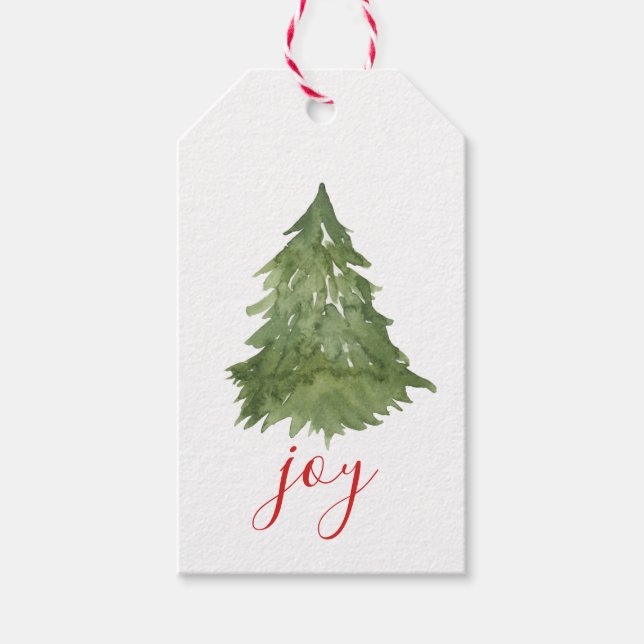 Joy Script Watercolor Weihnachtsbaum Geschenktaste Geschenkanhänger (Vorderseite)