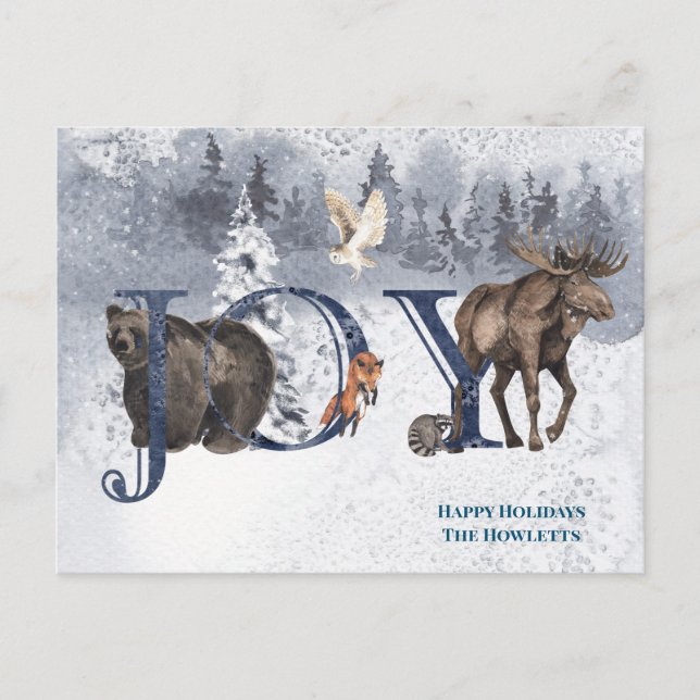 JOY Snow Wood Woodland Tiere Urlaub Postkarte (Vorderseite)