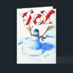 Joy Snowman Feiertagskarte<br><div class="desc">This originated from a black and white drawing I did several years ago. I was inspirred by the Calvin & Hobbes art design of the snowmen in the comic strips. I decided to do a colored version of the drawing and painted it in acrylics on paper, touched up a bit...</div>