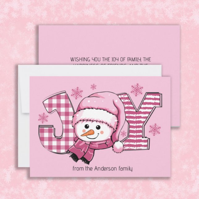 Joy Snowman Pink White Christmas Feiertagskarte (Cute Christmas holiday snowman and snowflakes, "JOY" greeting card customized with your own text)