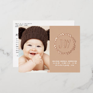 Joy Terracotta & Rose Gold New Baby 1-Foto Folien Feiertagspostkarte