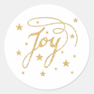 JOY-Text im falschen Gold-Glitter-Look mit Sternen Runder Aufkleber
