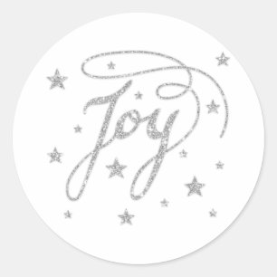 JOY-Text in falschem Silber-Glitter-Look mit Stern Runder Aufkleber